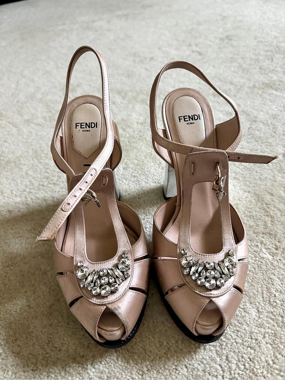 Fendi Crystal-Embellished Satin Slingback Platform Sandals Heels in Pink